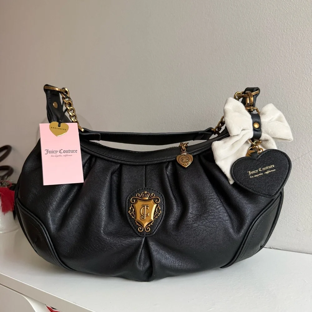 Juicy Couture Black Hobo Bag Gold Crest Charm Y2K Shoulder Purse